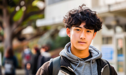 Fototapeta premium Portrait of a young man with curly hair wearing a hoodie and backpack outdoors on a campus. Perfect for themes of youth, education, and lifestyle.
