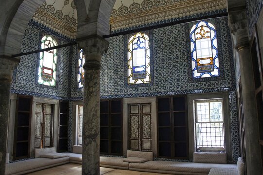 The interiors of the Ahmed II library Inside the Topkapi Palace in Istanbul is a masterpiece of Ottoman architecture it is decorated with ceramic tiles, geometric patterns and stained glass windows