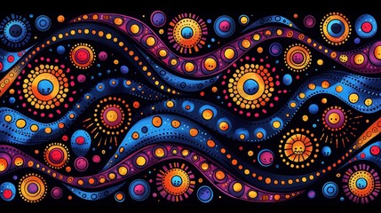 Naklejka premium Aboriginal style dot art background, vibrant indigenous pattern with wavy lines and sun circles, ethnic tribal motif on black backdrop