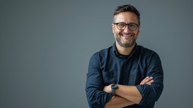 Portrait of a smiling man with glasses and beard, against a plain background. Casual clothing style with folded arms. Suitable for presentations, marketing and professional use. AI