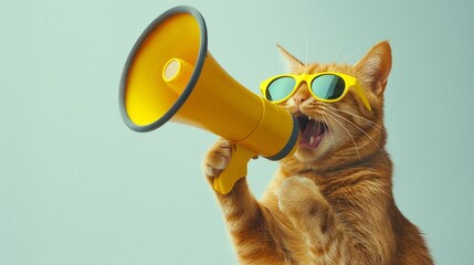 A orange cat is wearing sunglasses and speaking into a yellow megaphone. Business sales and marketing