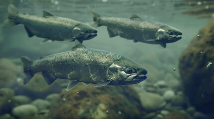 A cinematic animation storyboard of the life cycle of a salmon, from egg, alevin, fry, smolt, adult, to spawning. Dynamic scenes, flowing water, realistic fish anatomy, high contrast lighting