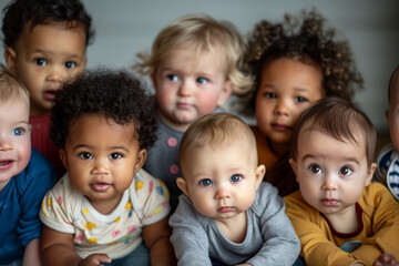 A group of babies are sitting together, some with different hair colors