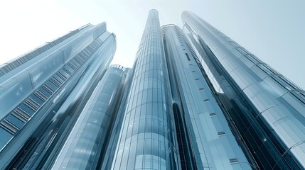 Fototapeta premium Futuristic skyscrapers with glass facades reaching to the sky. Captivating cityscape image created in a modern, minimalist style. Perfect for architectural projects, presentations