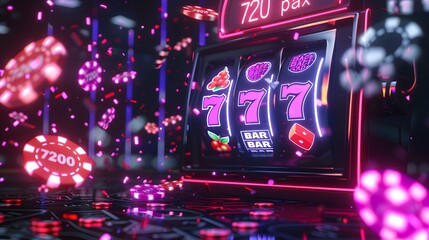 slot machine with neon and casino chips flying around on a dark moody background