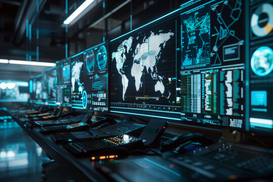 Artificial intelligence running in military or police security command center, command data screens
