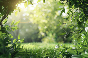 Spring summer background with a frame of grass and green trees with space for text or inscriptions
