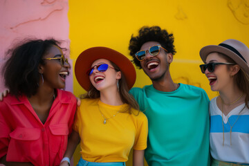 Fototapeta premium A group of people wearing colorful clothes and hats are smiling and laughing together. Scene is cheerful and happy