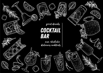 Alcoholic cocktails frame. Hand drawn illustration. Cocktails sketch set. Engraved style.