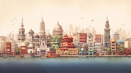 A painting of a cityscape with many buildings and a boat in the foreground.