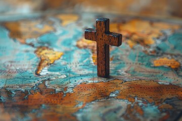 Christian cross on a map. Symbol of the missionaries