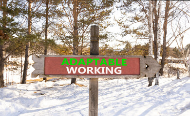 Adaptable working symbol. Concept words Adaptable working on beautiful wooden road sign. Beautiful winter forest snow tree background. Business Adaptable working concept. Copy space.