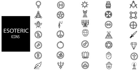 Esoteric 35 line icons set. included asshat, genie, rabbit and bottle of potion, mystery objects, alchemy and esoteric book.Vector illustration.