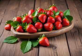 Fresh Ripe Red Strawberries with Green Leaves on a Wooden Surface - Natural and Delicious Fruit Arrangement