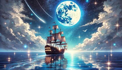 A majestic ship sailing vast tranquil ocean under a magical sky of stars and moon