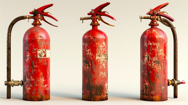 Vintage red fire extinguishers with worn texture and rust in a row on neutral background. Industrial safety equipment and emergency preparedness themed image. High-quality stock photo. AI