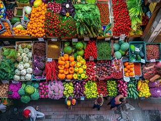 A bustling vegetable market, filled with an array of colorful vegetables and fruits, is captured in full color, showcasing the vibrant colors and textures 