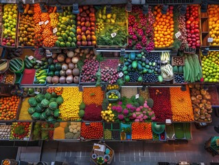 Obraz premium A bustling vegetable market, filled with an array of colorful vegetables and fruits, is captured in full color, showcasing the vibrant colors and textures 