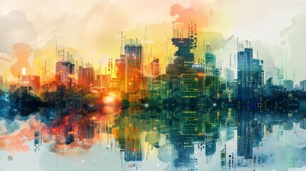 Obraz premium Abstract digital illustration of a colorful cityscape with skyscrapers, vibrant sunset sky, and a reflective water surface.