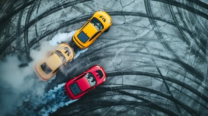 Cars top view realistic composition with asphalt road curve and drifting automobile.