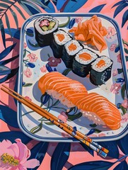 Flat lay food in the table, sushi long tray, simple and clean painting, pastel tones
