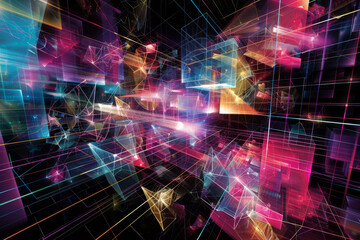 Obraz premium close up horizontal illustration of colourful abstract cyberspace background, with a network of glowing lights and shapes