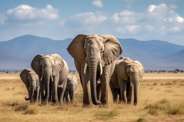 Fototapeta premium Picture of a herd of African elephants in the savannah. Macro landscapes 