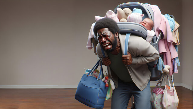 Padre llorando. Hombre sobrecargado y estresado por la paternidad, en una s&aacute;tira visual sobre las responsabilidades y el agotamiento por el cuidado del beb&eacute;.