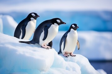 Obraz premium Picture of penguins sitting on the ice at the North Pole in groups.