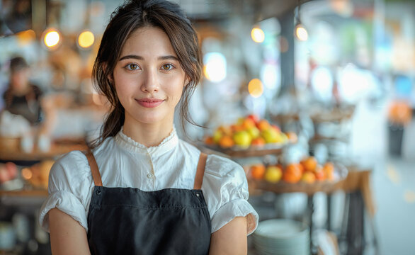 Smiling Asian girl, waitress wearing vintage top and apron standing in front of cafe, shop with fruits, deli.