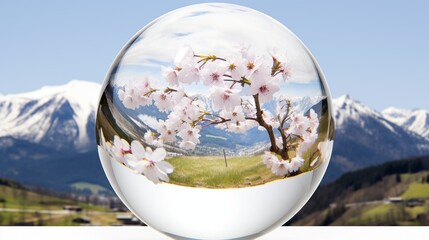 Cherry Blossoms Reflecting in a Crystal Sphere Against Mountain Landscape