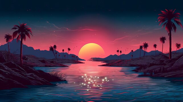 vector illustration of a river running through a harsh desert eventually coming to a lake at the bottom foreground. beautiful dunes, 