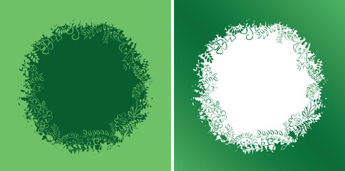 green floral backgrounds with plants and flowers - vector illustration. Round central frame. Silhouettes of plants