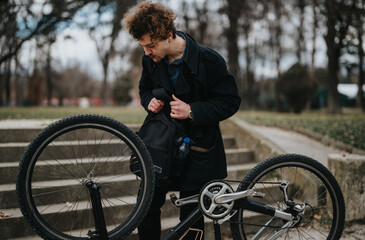 A young, dedicated businessman takes a break to fix his bike in the tranquil atmosphere of a park.