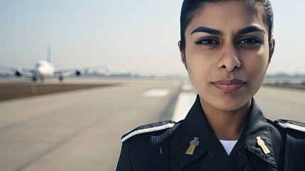 Young Indian female pilot standing on the runway, looking at camera.