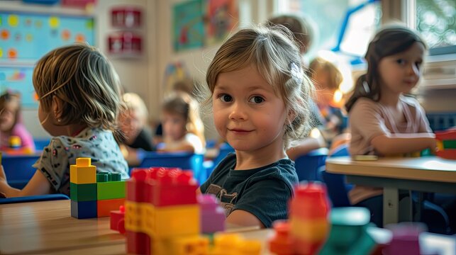 Girl in a classrom with children, looking camera.