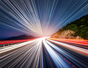 Obraz premium Colorful light trails with motion effect on the road in the evening