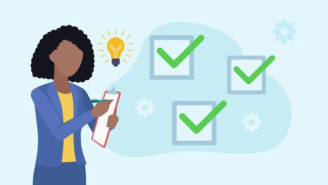 Animation showing a business woman holding and filling out a survey. Icons and empty fields appear next to it and start to be marked. When all boxes are checked, a light bulb appears.