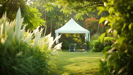 The event tent appears as a mere suggestion in the midst of a verdant garden setting.