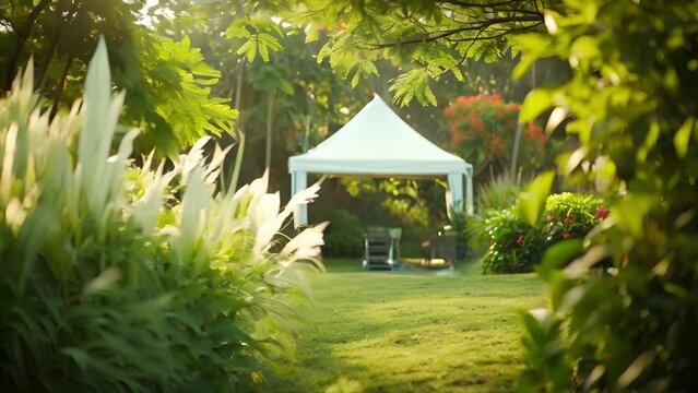 The event tent appears as a mere suggestion in the midst of a verdant garden setting.