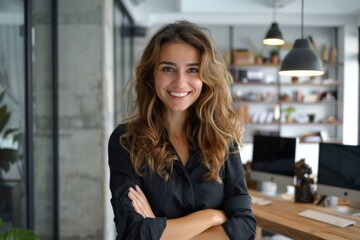 Fototapeta premium Smiling Female Designer in Modern Office: Workplace Success for Businesswoman