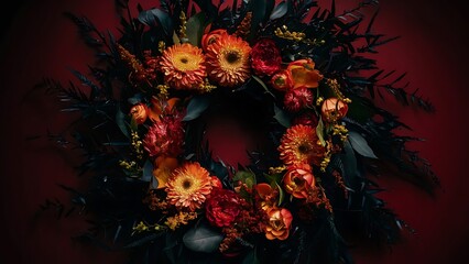 Wreath of autumn flowers on a dark red background floral composition