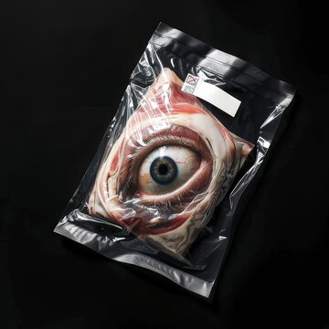 a plastic bag with an eye inside