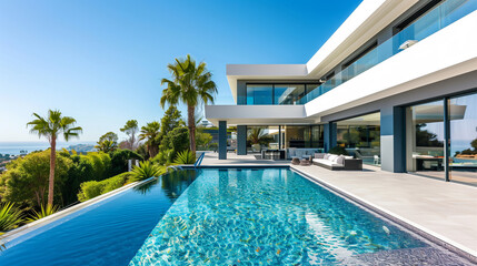 Obraz premium Modern villa with open plan living with swimming pool
