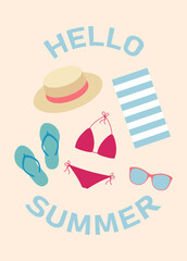 Hello summer, set of compositions, beach accessories, flip-flops, beach towel on the sand on the swimsuit and sunglasses.