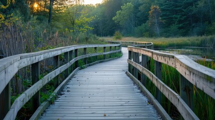 Fototapeta premium Tranquil Wetland Oasis Exploring Nature on Wooden Boardwalk