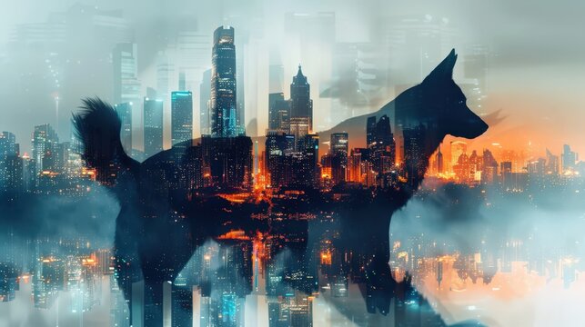 a dog standing in front of a city with a fire