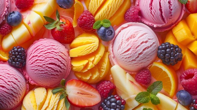 Creamy ice cream paired with an array of fresh fruits for a delightful and refreshing indulgence