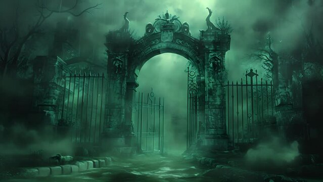 The old gate looms before you its stone archways adorned with intricate carvings depicting sinister creatures and eerie symbols. A ghostly mist swirls around the bars slowly parting