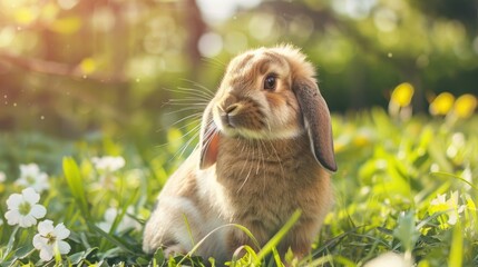 Holland Lop Rabbit Sitting in a Green Garden on a Sunny Spring Day